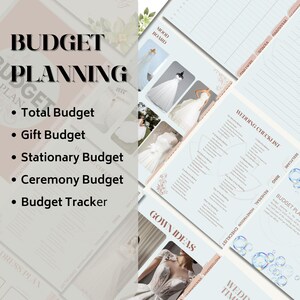 K&ouml;nnte beinhalten: Hochzeitsplanungs-Schreibwaren-Set mit hellem Farbschema. Das Set enth&auml;lt einen Budgetplaner, eine Hochzeits-Checkliste, ein Moodboard und Kleiderideen. Der Text enth&auml;lt "Budget Planning", "Total Budget", "Gift Budget" und "Zeremonie Budget".