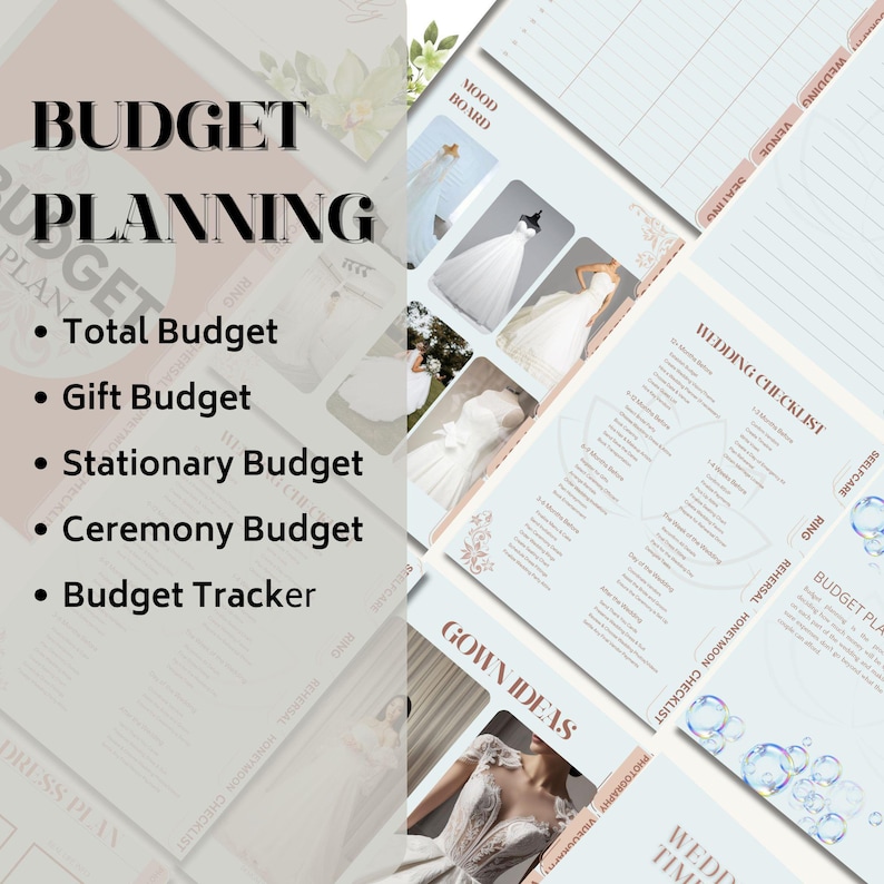 K&ouml;nnte beinhalten: Hochzeitsplanungs-Schreibwaren-Set mit hellem Farbschema. Das Set enth&auml;lt einen Budgetplaner, eine Hochzeits-Checkliste, ein Moodboard und Kleiderideen. Der Text enth&auml;lt "Budget Planning", "Total Budget", "Gift Budget" und "Zeremonie Budget".