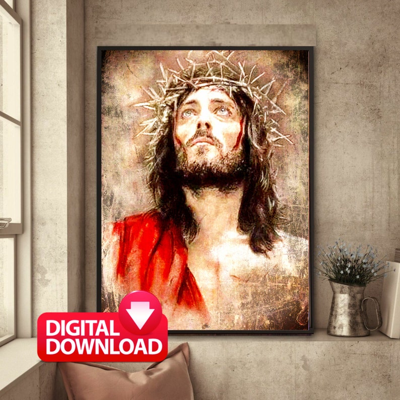 Op de afbeelding: Een digitale schildering van Jezus Christus met een doornenkroon, die met een droevige uitdrukking omhoog kijkt. Het schilderij is in vintage stijl met een textuur achtergrond.