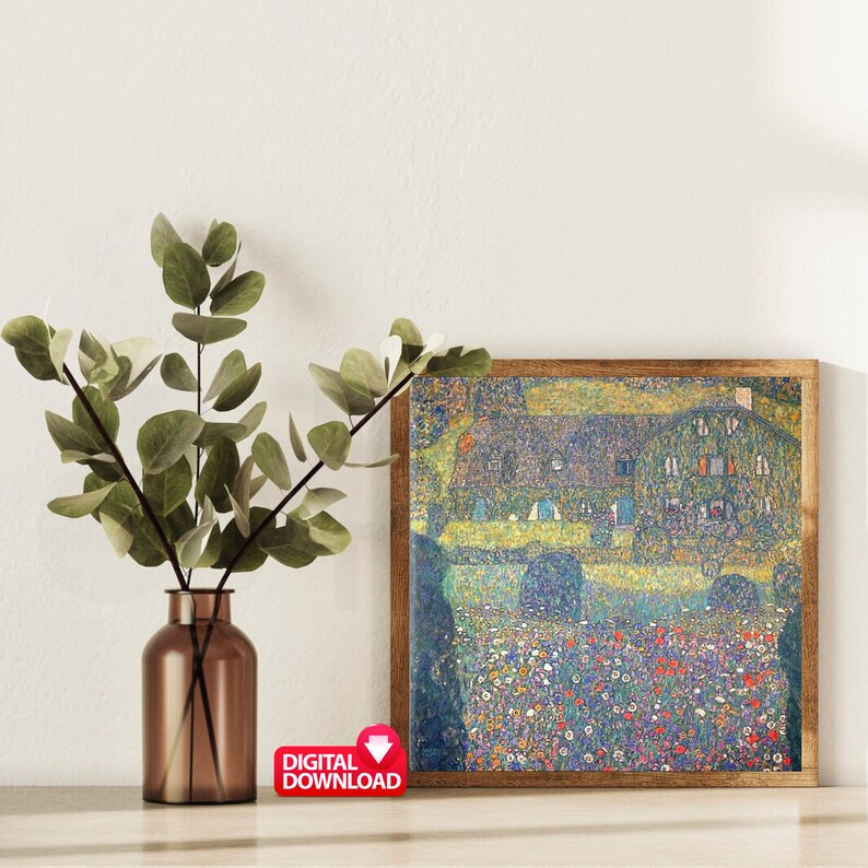 May include: A digital download of a painting depicting a house with a green roof and a field of flowers in the foreground. The painting is in a wooden frame.