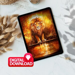 May include: A digital illustration of a lion standing on a wooden platform with a golden background. The lion has a mane of golden brown fur and is looking directly at the viewer.