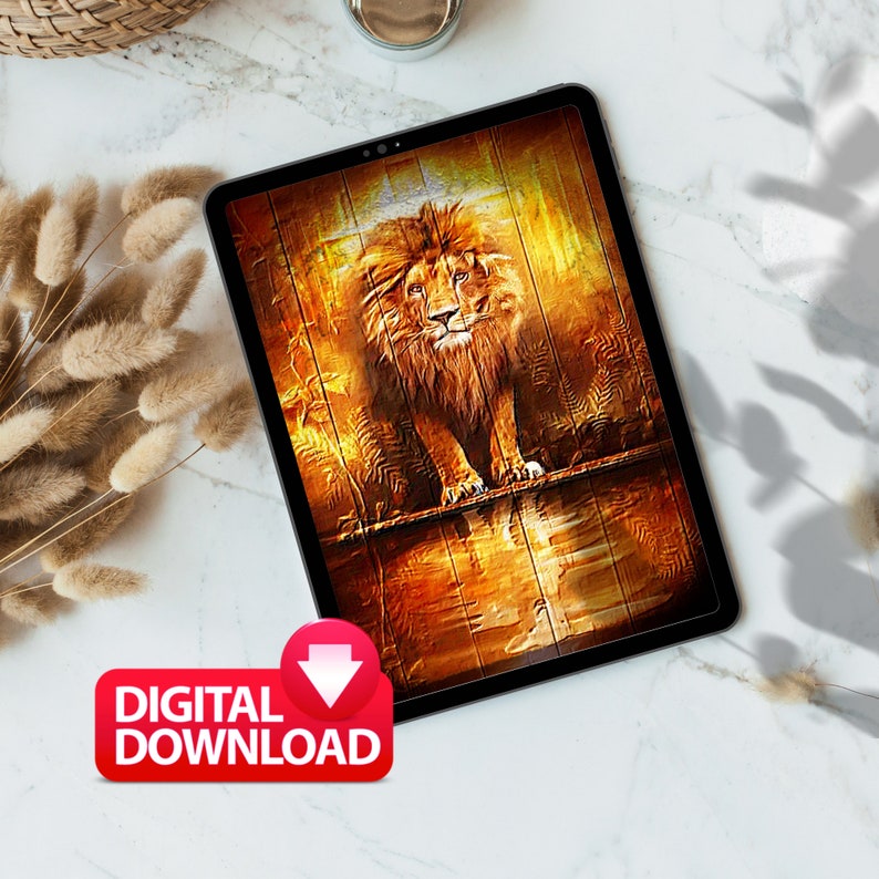 May include: A digital illustration of a lion standing on a wooden platform with a golden background. The lion has a mane of golden brown fur and is looking directly at the viewer.