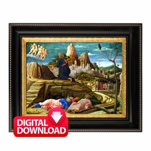 May include: A framed painting depicting a scene from the Bible, with Jesus kneeling in prayer on a rocky hilltop. Three angels are visible in the sky above him, and a group of people are walking along a path in the distance. The painting is set against a backdrop of a city and mountains.