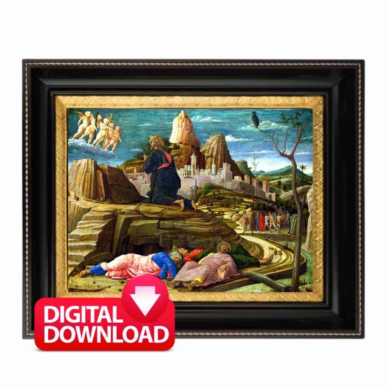 May include: A framed painting depicting a scene from the Bible, with Jesus kneeling in prayer on a rocky hilltop. Three angels are visible in the sky above him, and a group of people are walking along a path in the distance. The painting is set against a backdrop of a city and mountains.