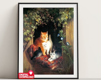 Cuadro vintage de gato con gatitos: Impresión felina Art Nouveau (descarga digital)