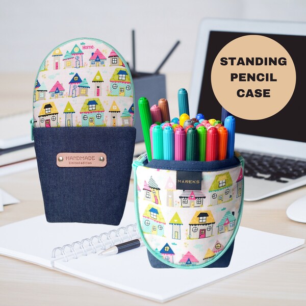 Standing Pencil case, Handmade Fabric Pencil Holder, Zipper Pouch For Markers, Kids Pen Storage, Pencils Organiser, Back To School Kids Gift