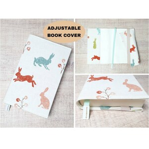 Divisor de cinta para cubierta de libro ajustable, protector de libro hecho a mano con estampado de conejo, funda portátil para libro, regalo para un amigo, regalo del año del conejo