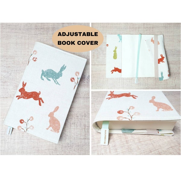 Adjustable Book Cover Ribbon Divider, Rabbit Print Handmade Book Protector, Portable Book Sleeve, Gift For Friend, Year Of The Rabbit Gift