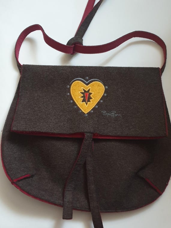 Vintage Björn Borg Wool Felt Bag, Embroidered Heart Trachten Shoulder Bag
