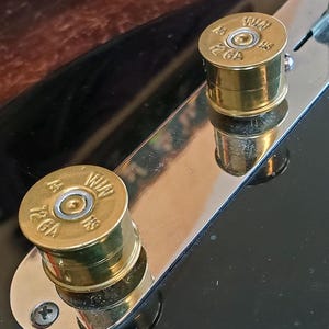 Recycled Brass Guitar Knobs: 12 Gauge Casings, Solid Shaft