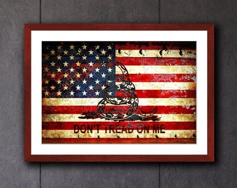 Don't Tread on Me, American and Gadsden Flag Combo on Rusted Metal Print on Archival Paper Framed in a Cherry Color Wood Frame