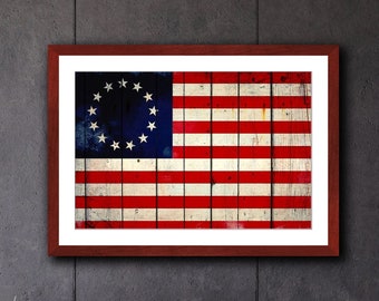 Patriotic Framed Wall Art Print - Distressed Betsy Ross Flag on Barn Wood Print Framed in a Cherry Color Wood Frame