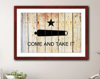 Texas Themed Wall Art, Come and Take It, Gonzales Battle Flag on Barn Wood Print Framed In a Cherry Color Wood Frame