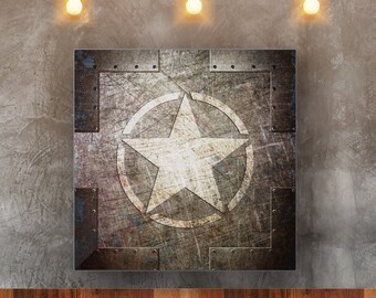 Lámina con estampado de estrella militar desgastada sobre aluminio reciclado, decoración de pared con temática militar.