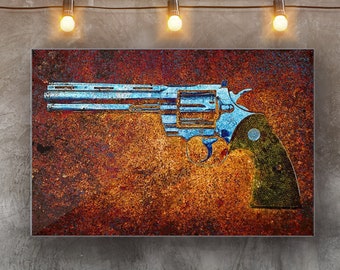 Revolver Print - Colt Python 357 Magnum 6 Inches Barrel On Brown Background Print On Recycled Aluminum