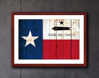 Texas Themed Framed Wall Art - Come and Take It - Texas Flag and Gonzales Flag Combo on Barn Wood Print in a Cherry Color Wood Frame