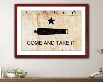 Come and Take It, Gonzales Battle Flag on Rusted Riveted Plate Print Framed in a Cherry Color Wood Frame