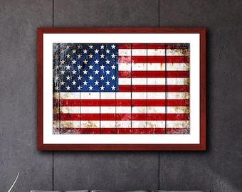 Patriotic Framed Wall Art Print - Distressed American Flag on Barn Wood Print Framed in a Cherry Color Wood Frame