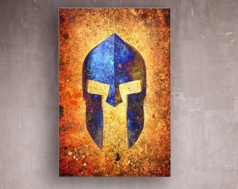 Blue Spartan Helmet on Rusted Metal Art Print on Aluminum,  Molon Labe
