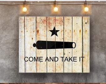 Texas Themed Decor Gonzales Battle Flag on Old Barn Wood Printed on Rectangular Eco Friendly Recycled Aluminum