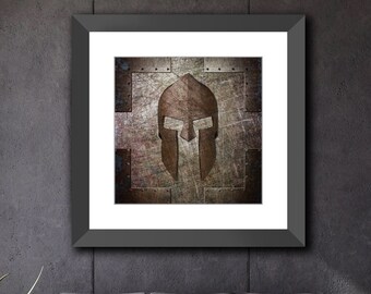 Metal Themed Wall Framed Print - Spartan Helmet Print on Archival Paper in a Black Color Wood Frame