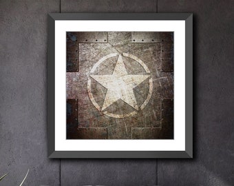 Metal Themed Wall Framed Print - Army Star Print on Archival Paper in a  Black Color Wood Frame