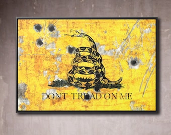 Don't tread on Me Gadsden Flag on Distressed Metal with Bullet Hole Print on Stretched Canvas in a Black Floating Frame