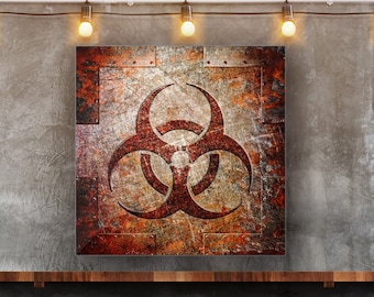 Bio Hazard Sign on Rust Printed on Eco-Friendly Recycled Aluminum, Zombie Apocalypse Themed Print