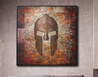 Molon Labe - Spartan Helmet on Rusted Metal Printed on Stretched Canvas in a Floating Frame