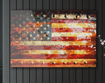 Patriotic Themed Wall Artwork - American Flag on Rusted Riveted Plate Printed on a Crystal Clear Acrylic Panel