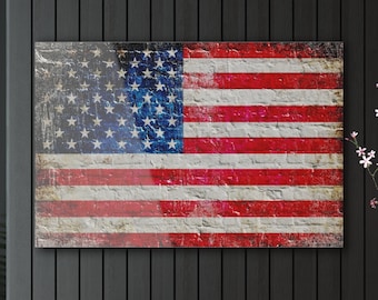 Patriotic Themed Wall Artwork, American Flag on White Washed Brick Wall Printed on a Crystal Clear Acrylic Panel