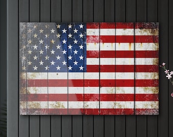 Patriotic Themed Wall Artwork - American Flag on Old Barn Wood Printed on a Crystal Clear Acrylic Panel