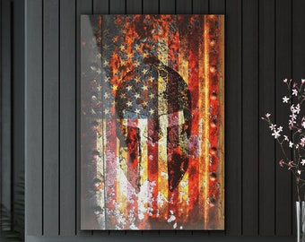 American Flag on Rusted Metal Gate and Spartan Helmet Printed on a Crystal Clear Acrylic - Molon Labe Themed Print