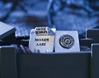 Pro 2A Gifts - Gun Jewelry -  2nd Amendment &. 40 Cal Brass "Molon Labe" Sterling Silver Pendant and Bolo Cord Necklace