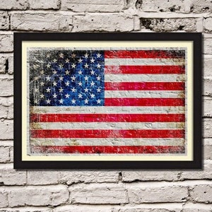 American Flag on White Washed Brick Wall Print on Archival Paper, Patriotic Wall Art Print