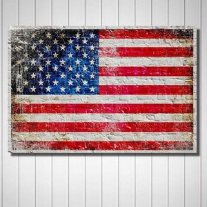 Patriotic Themed Artwork, American Flag on White Washed Brick Wall Print on Canvas Print 24 by 16 inches