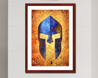 Spartan Themed Framed Wall Art - Blue Spartan Helmet on Rusted Background Print Framed in a Cherry Color Wood Frame