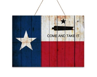 Texas Themed Wall Decor - Come and Take It - Texas Flag and Gonzales Flag Combo Print on Wood 14" x 10" - Made in America