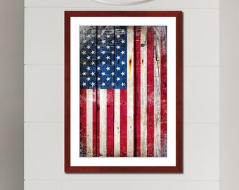 Patriotic Framed Wall Art, American Flag on Old Barn Wood Vertical Print on Archival Paper Framed In a Cherry Color Wood Frame