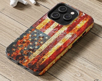 American Flag Themed Tough Case for iPhone 14 - Distressed Vertical American Flag on Rusted Steel Print.