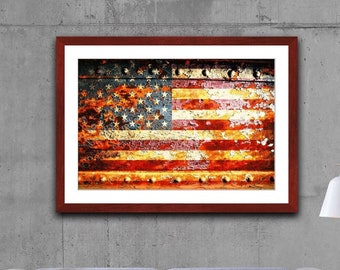 Patriotic Themed Artwork - American Flag on Rusted Riveted Panel Print on Archival Paper Framed in a Cherry Color Wood Frame