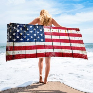 Beach and Bathroom Towel, Distressed American Flag on Old Barn Wood Print Beach Towel