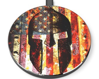 Spartan Helmet on Rusted American Flag Wireless Charger For iPhone or Android Phone