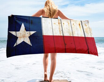 Texas Themed Beach and Bathroom Towel - Texas Flag on Old Barn Wood Print