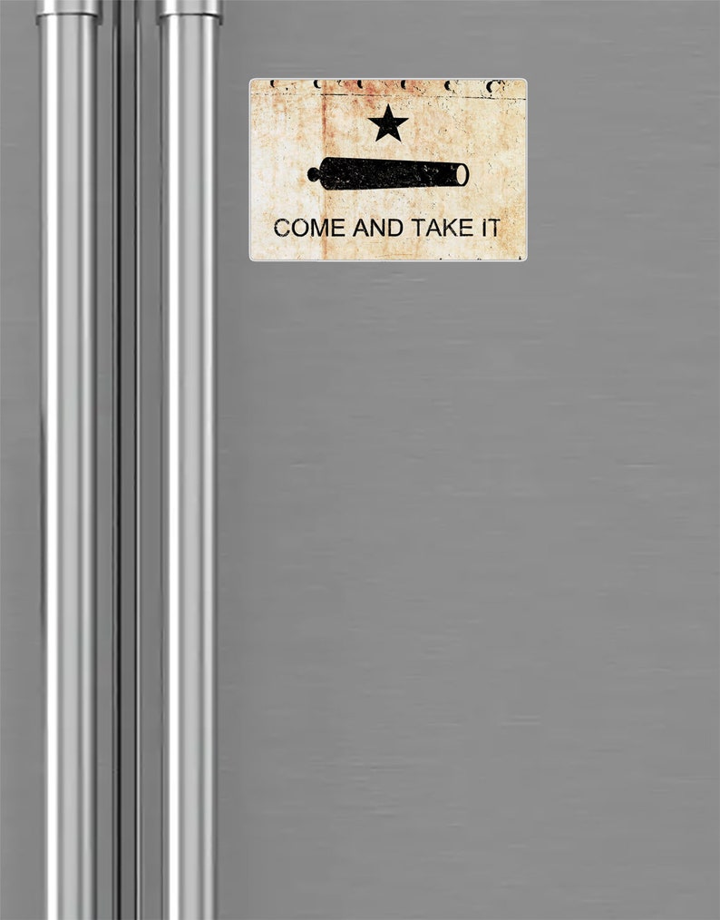 Gonzales Battle Flag on Rusted Riveted Plate Print on magnet on fridge