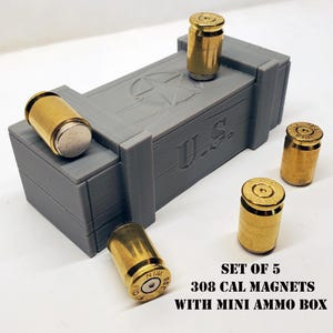 308 Caliber Bullet Fridge Magnets, Recycled Brass Casings, Mini Ammo Box
