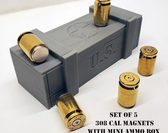 308 Caliber Bullet Fridge Magnets, Recycled Brass Casings, Mini Ammo Box