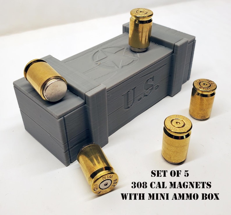 Set of 5 Bullet Brass Magnets Made with Recycled Casings of 308 Caliber and mini Ammo Box
