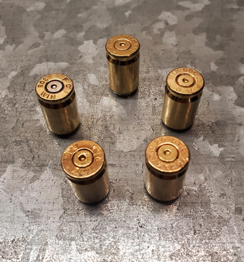 Set of 5 Bullet Brass Magnets Made with Recycled Casings of 308 Caliber top view