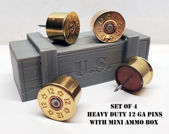 Four Heavy Duty Brass Shotgun Shell Push Pins, Miniature Ammo Box, Hunter Gift